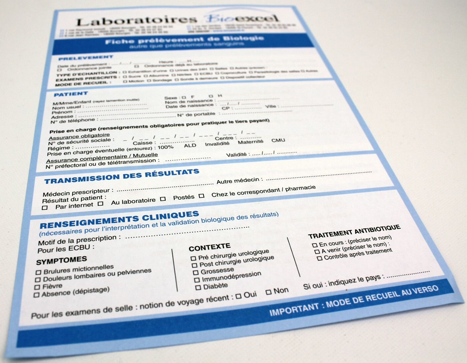 fiche de renseignements Laboratoire Bioexcel Cher